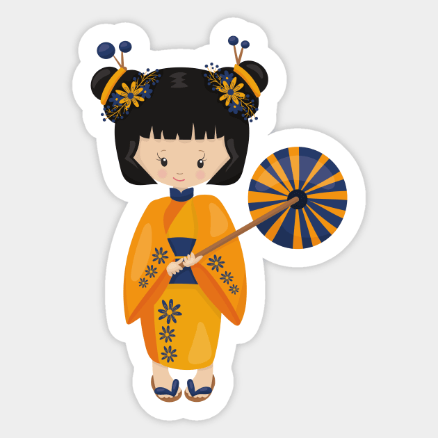 Japanese Girl, Japan, Cute Girl, Orange Kimono Sticker by Jelena Dunčević
